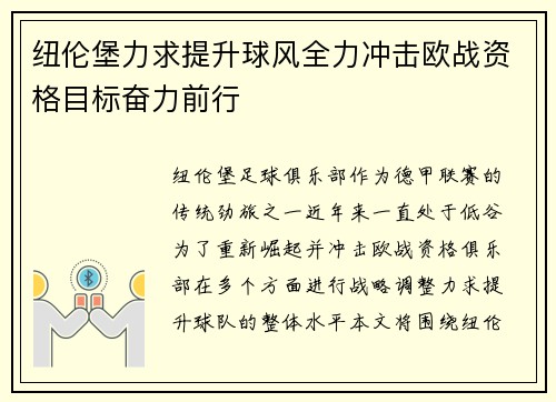 纽伦堡力求提升球风全力冲击欧战资格目标奋力前行