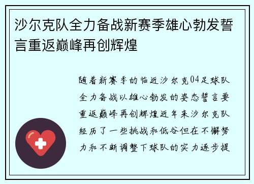 沙尔克队全力备战新赛季雄心勃发誓言重返巅峰再创辉煌